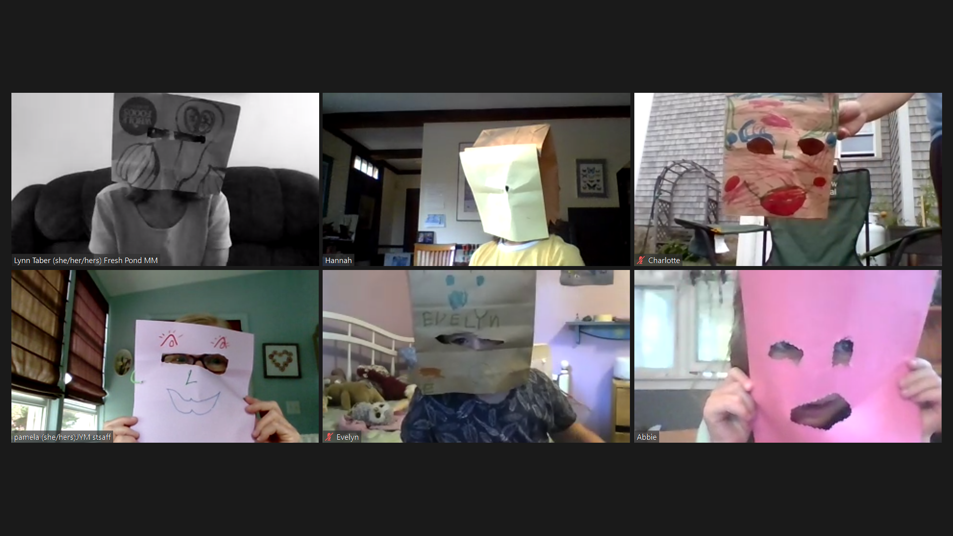 A screenshot of a Zoom meeting with children wearing masks