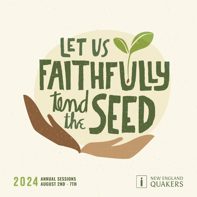 Two hands holding an apple shaped block of text that says: Let us faithfully tend the seed.