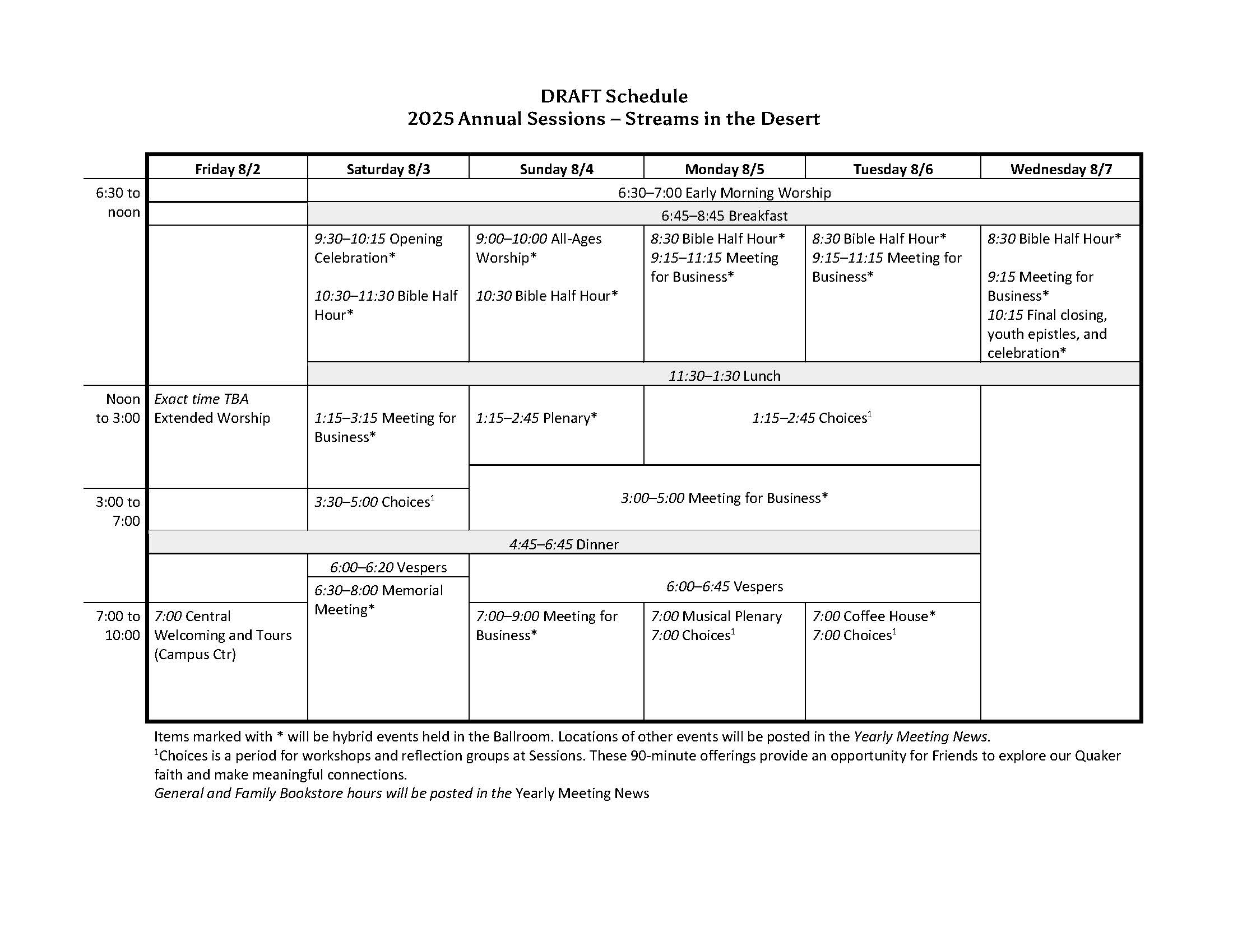 A table showing the schedule of events for Annual Sessions
