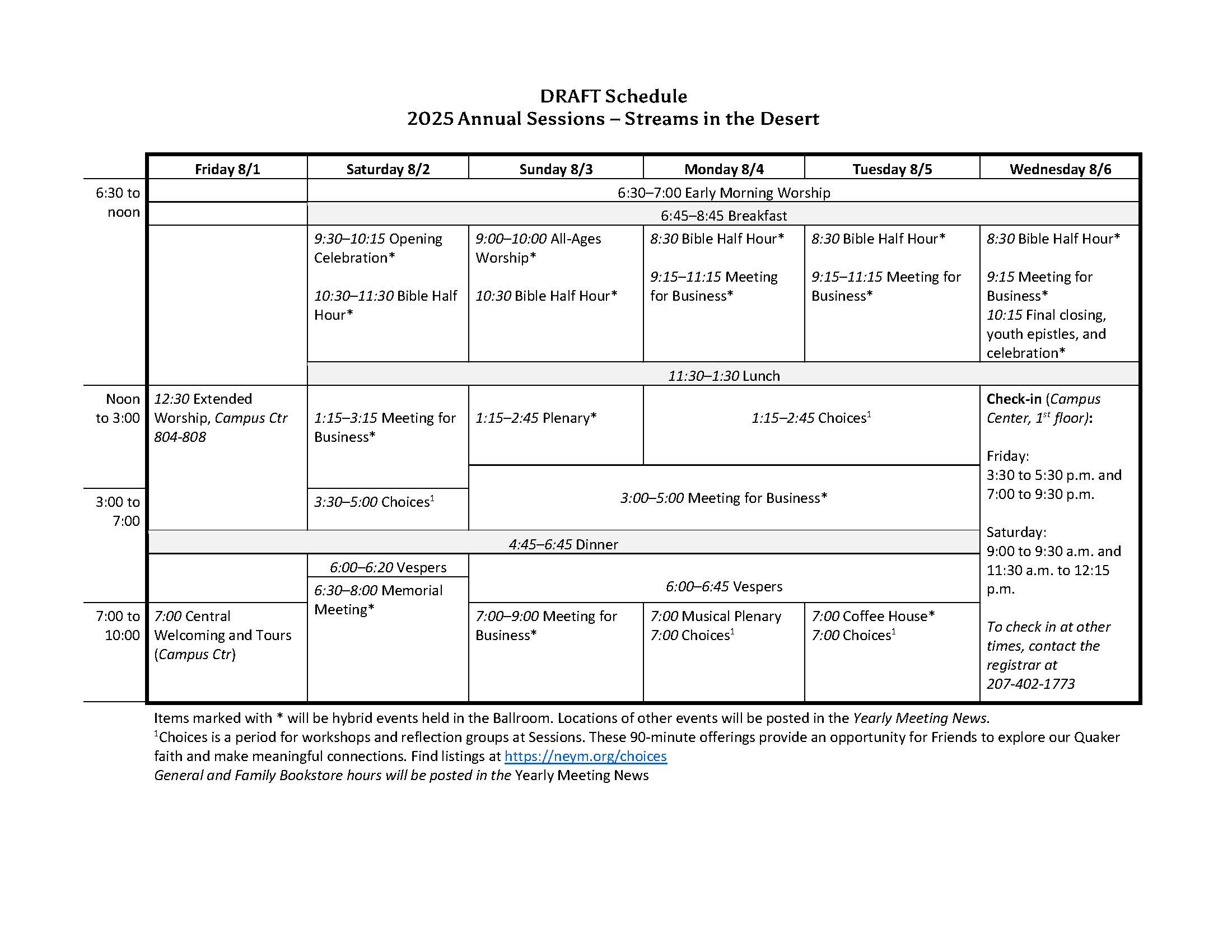 A table showing the schedule