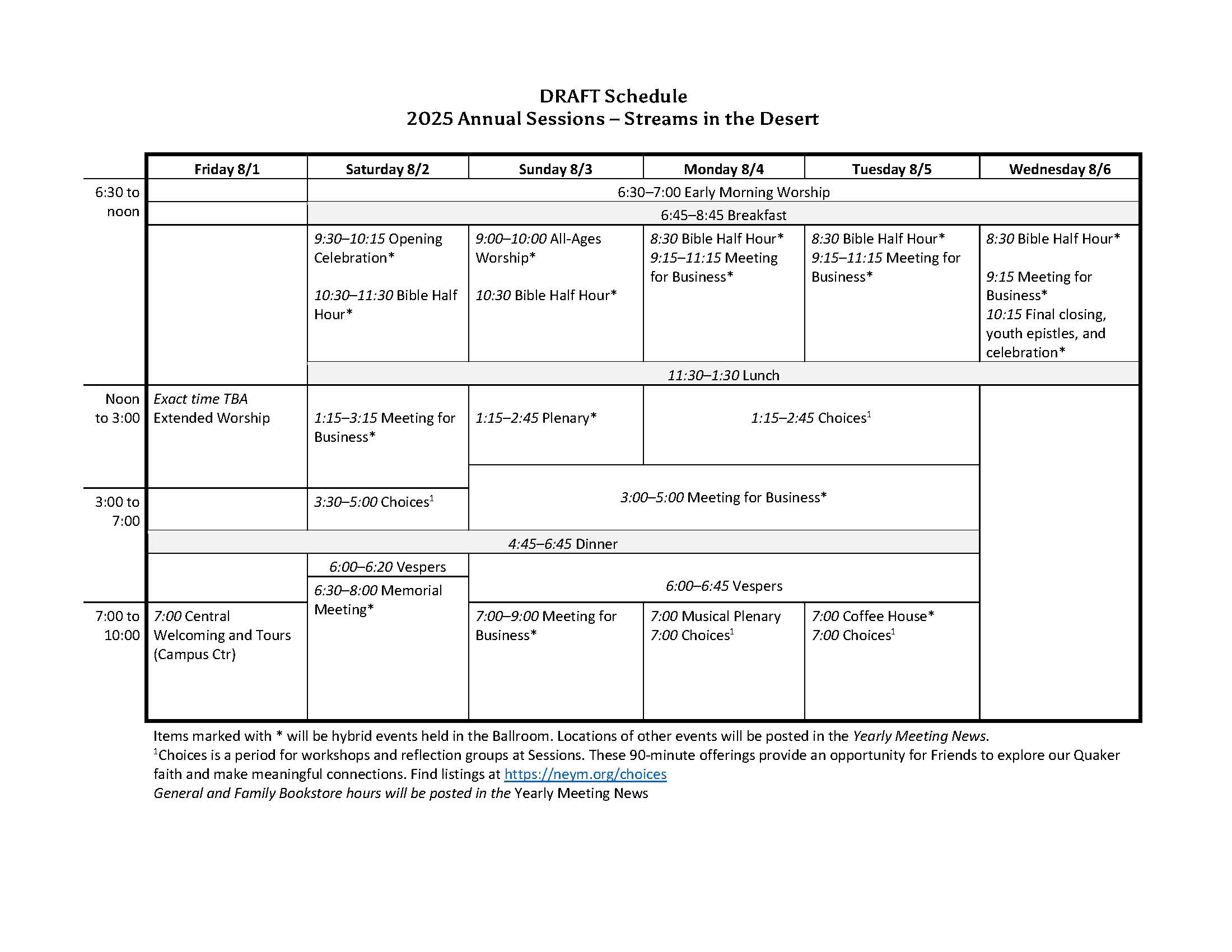 A table showing the schedule of events at Sessions