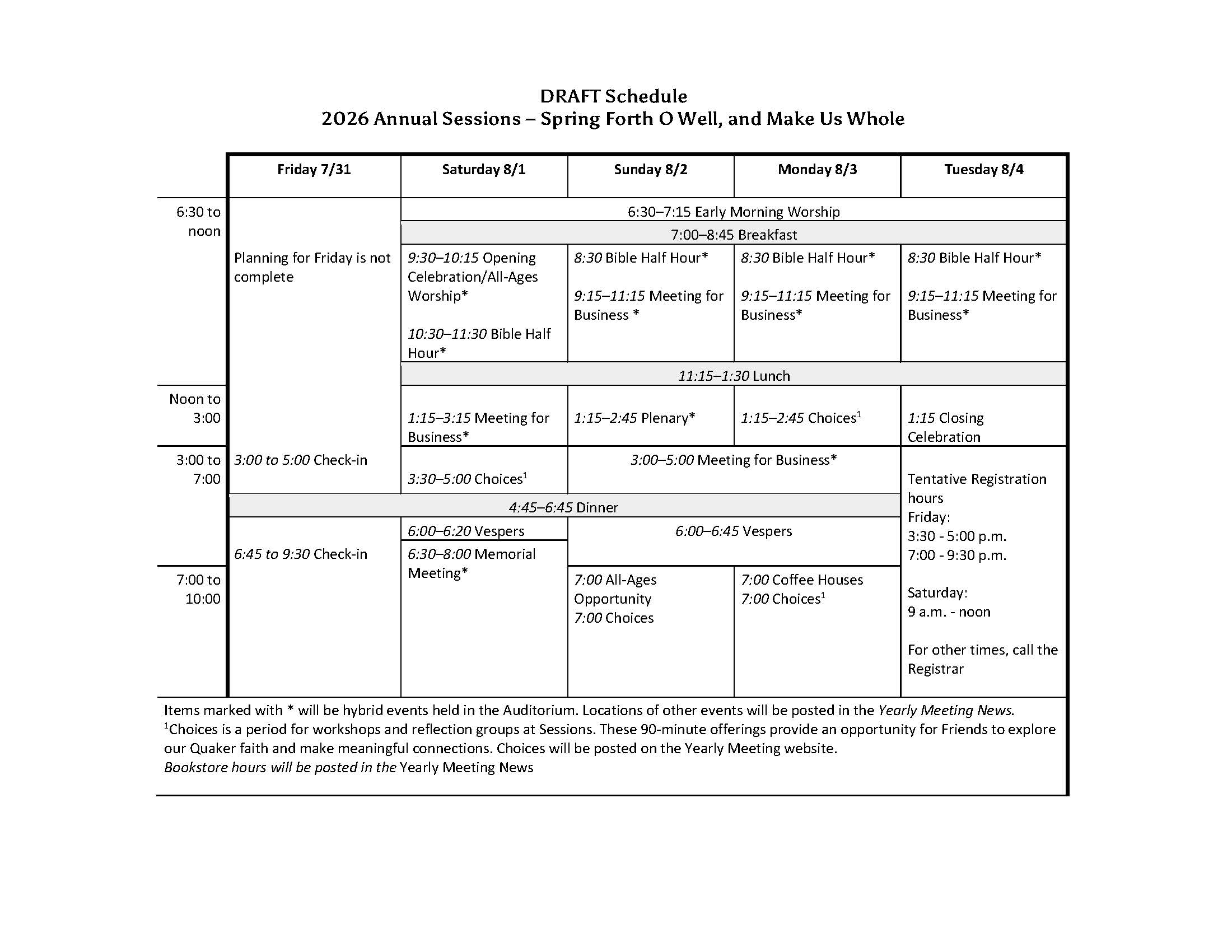 A table showing the schedule of events at Sessions