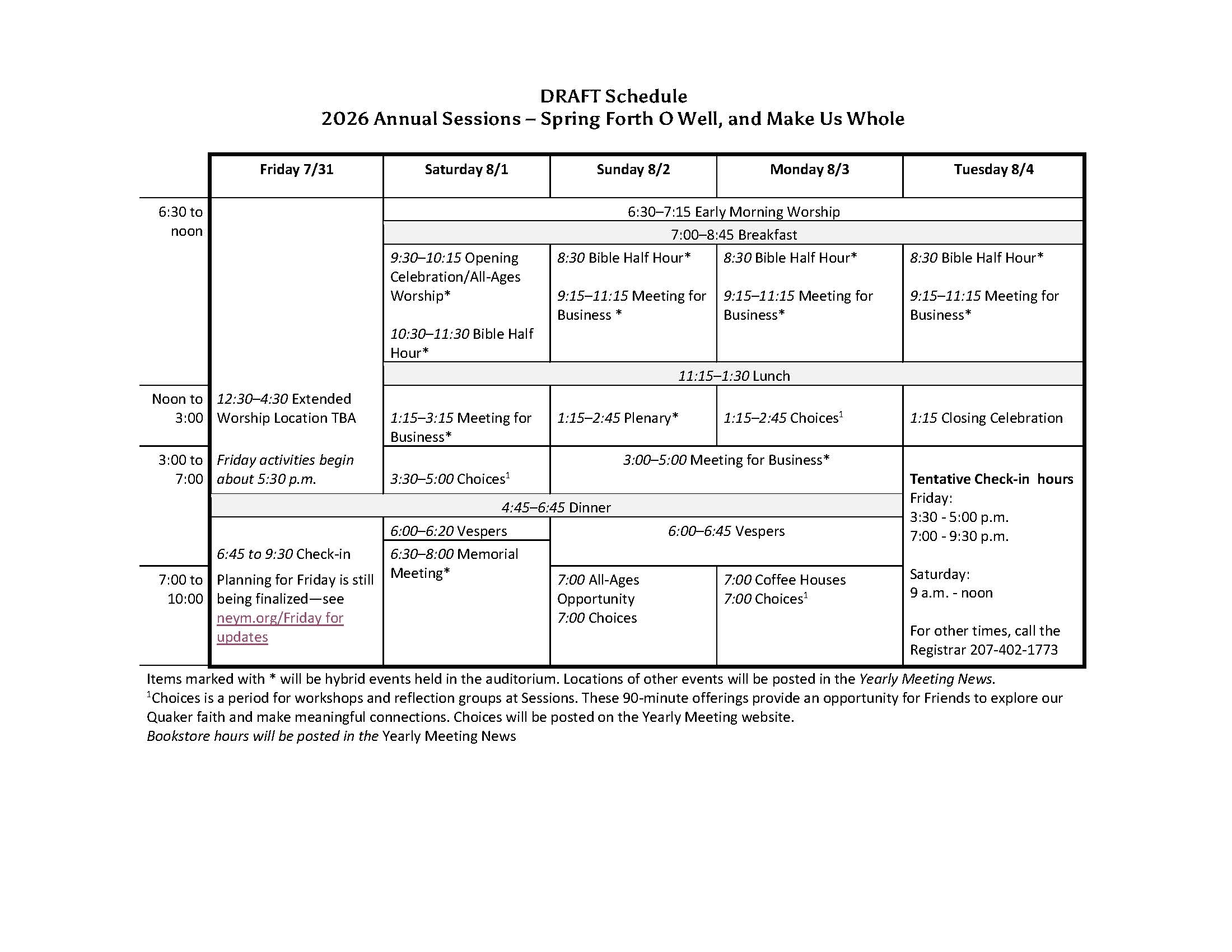 A table showing the schedule of events at Sessions