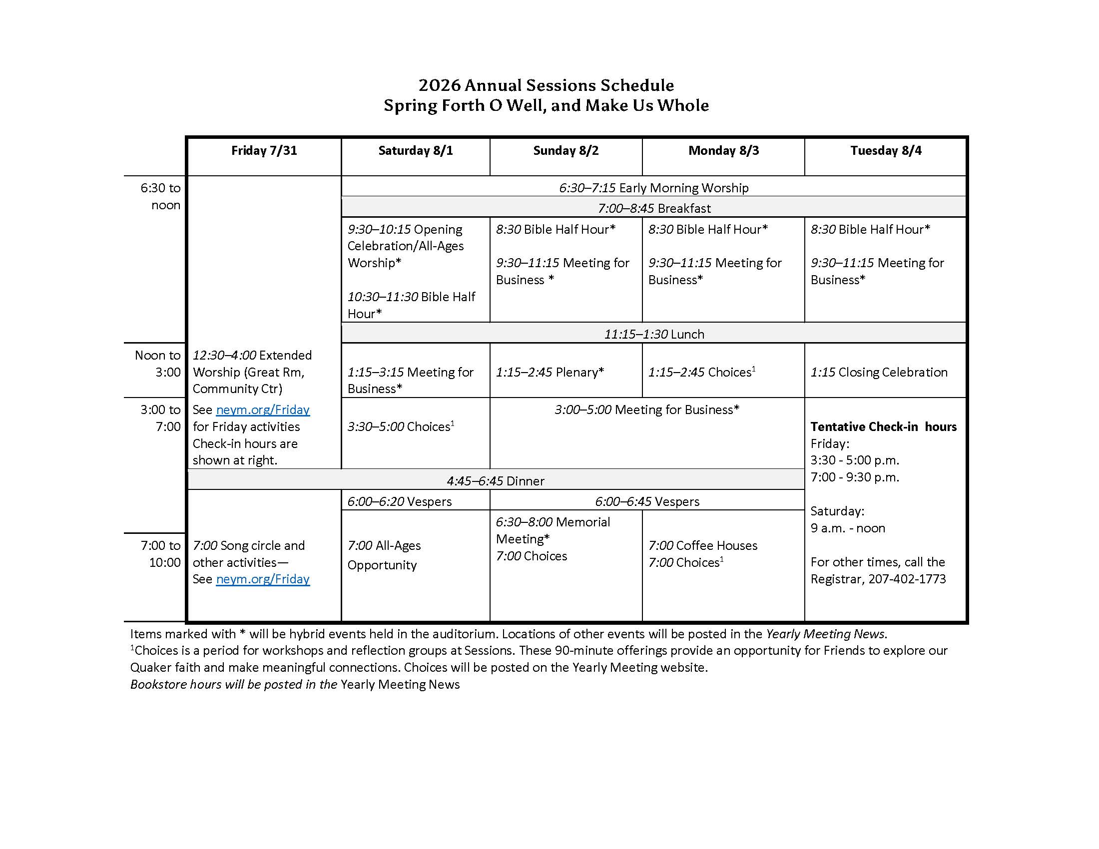 A table showing the schedule of events at Annual Sessions