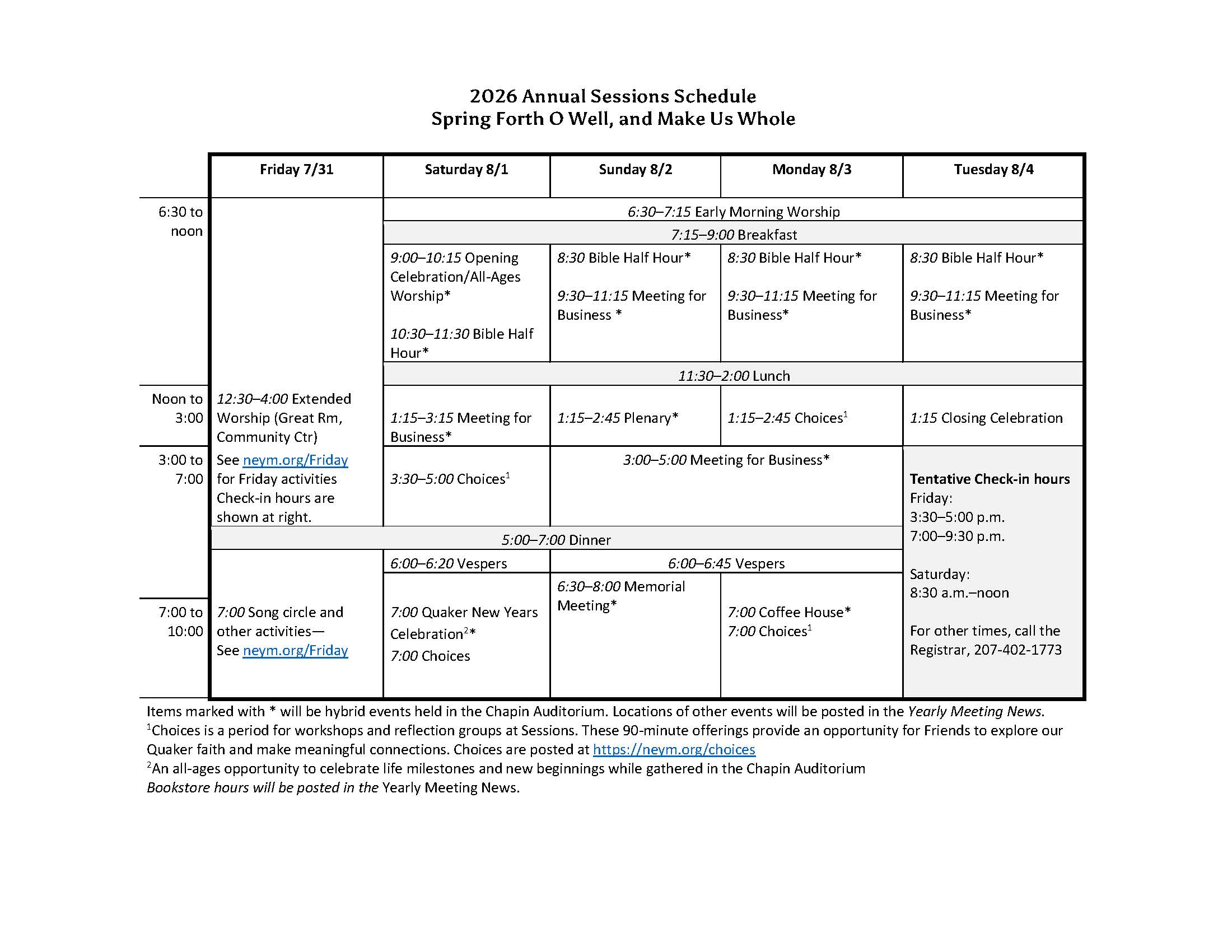 A table showing the schedule of events at Annual Sessions