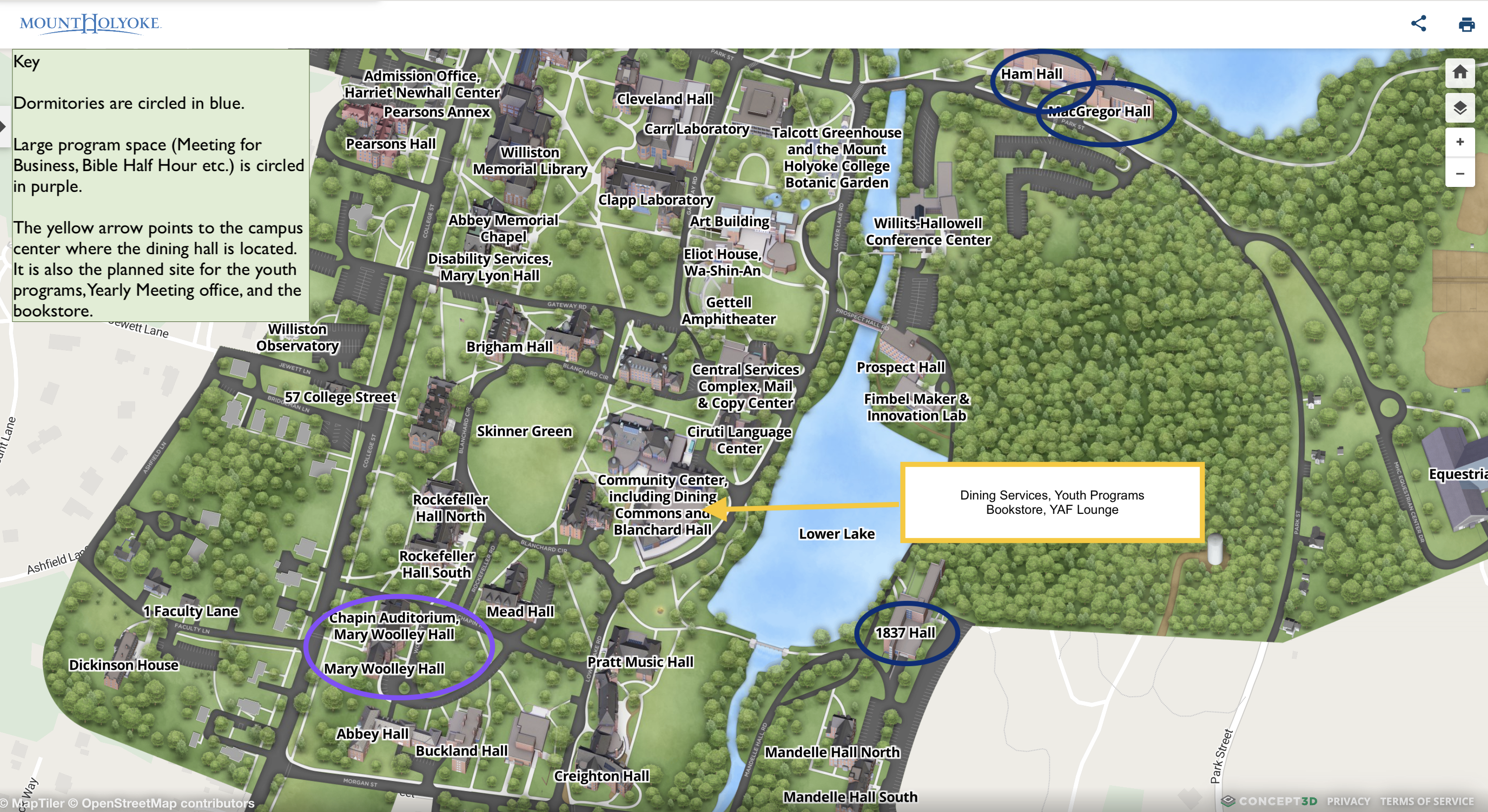 An annotated map of the Mount Holyoke campus showing the dorms (McGregor Hall, Ham Hall and 1837 Hall), the Campus Center building and the Chapin Auditorium which will be used for large group gatherings.