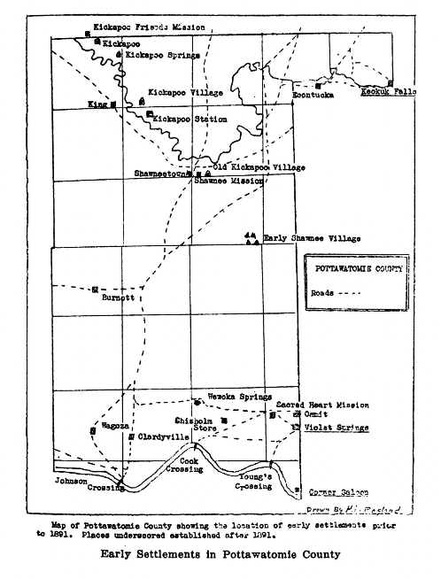 A map of early settlements in Pottamatowie County, Oklahoma