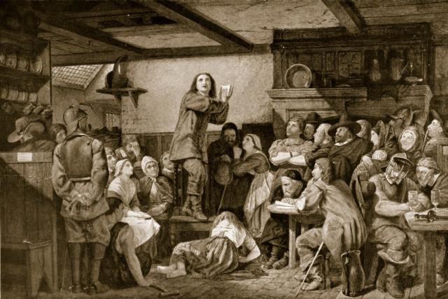 An early engraving of George fox preaching to a gathering