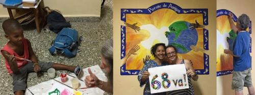 A photo of a boy with paints and a mural that Friends painted