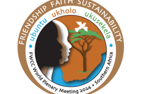 A circle graphic captioned "Friendship, Faith, Sustainability" with brown, white, and black human profiles and images representing Africa
